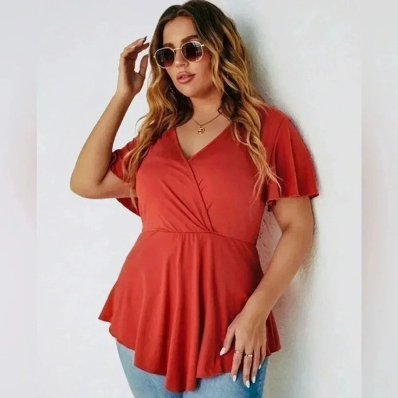 SHEIN faux wrap top, deep v-neck, flutter sleeves, 2X, red/orange, pre owned - Picture 1 of 5